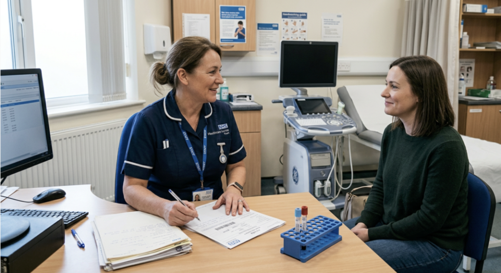 Doctor discussing pregnancy of unknown location test results with a patient in an NHS clinic