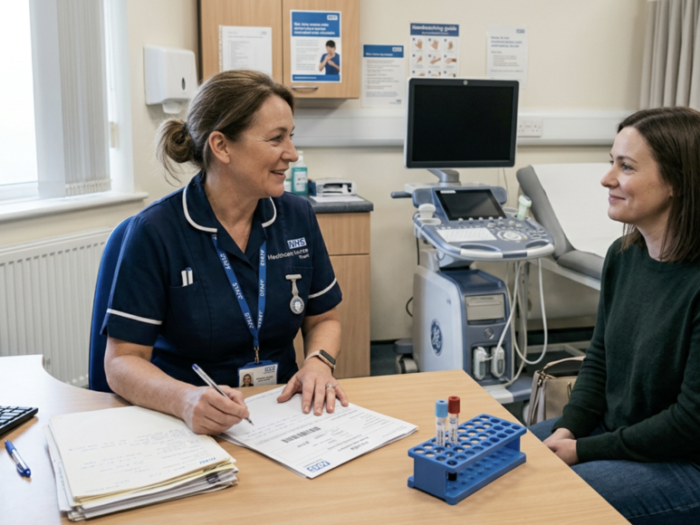 Doctor discussing pregnancy of unknown location test results with a patient in an NHS clinic